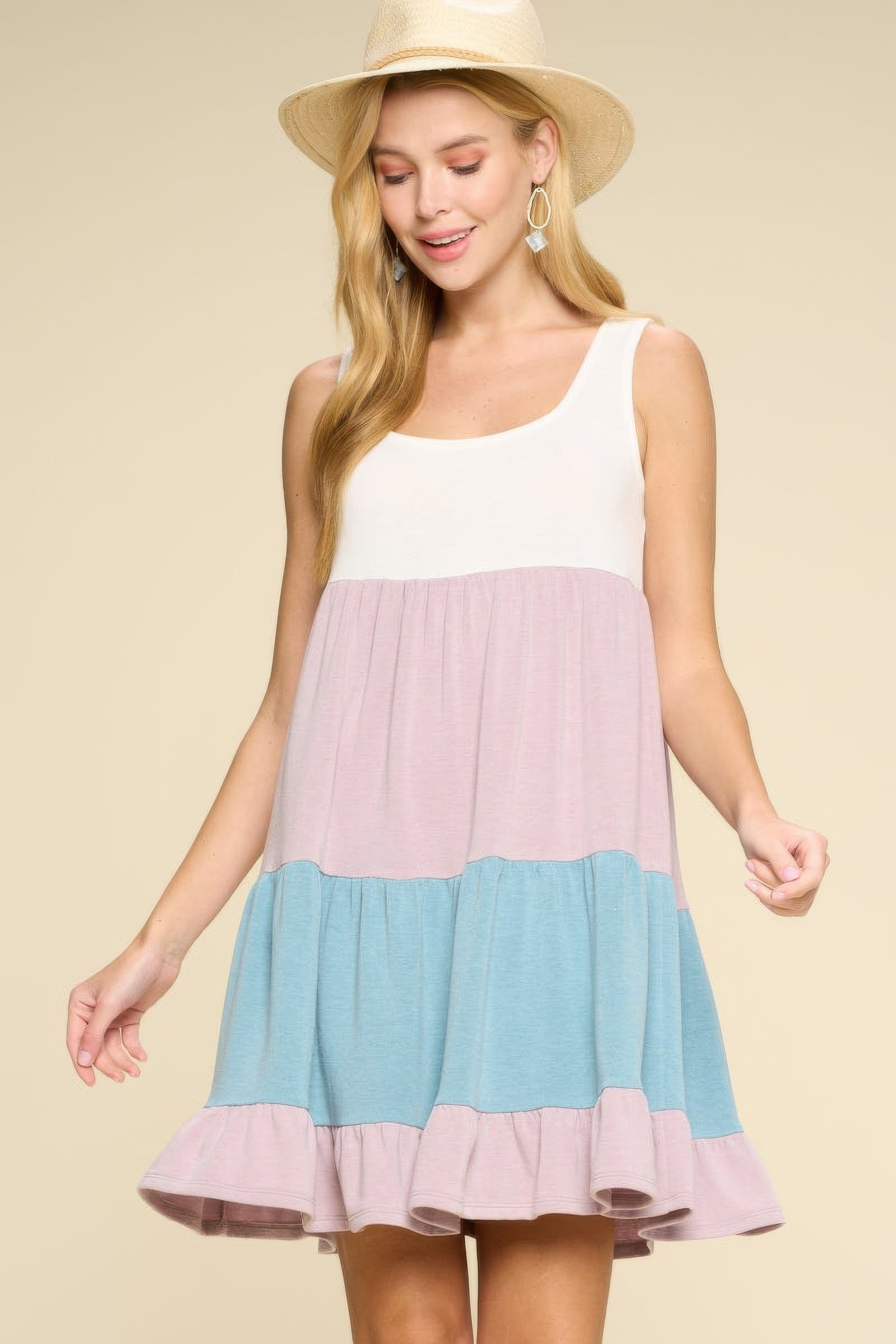 Color Block Babydoll Dress in pastel hues with sleeveless design and tiered silhouette.