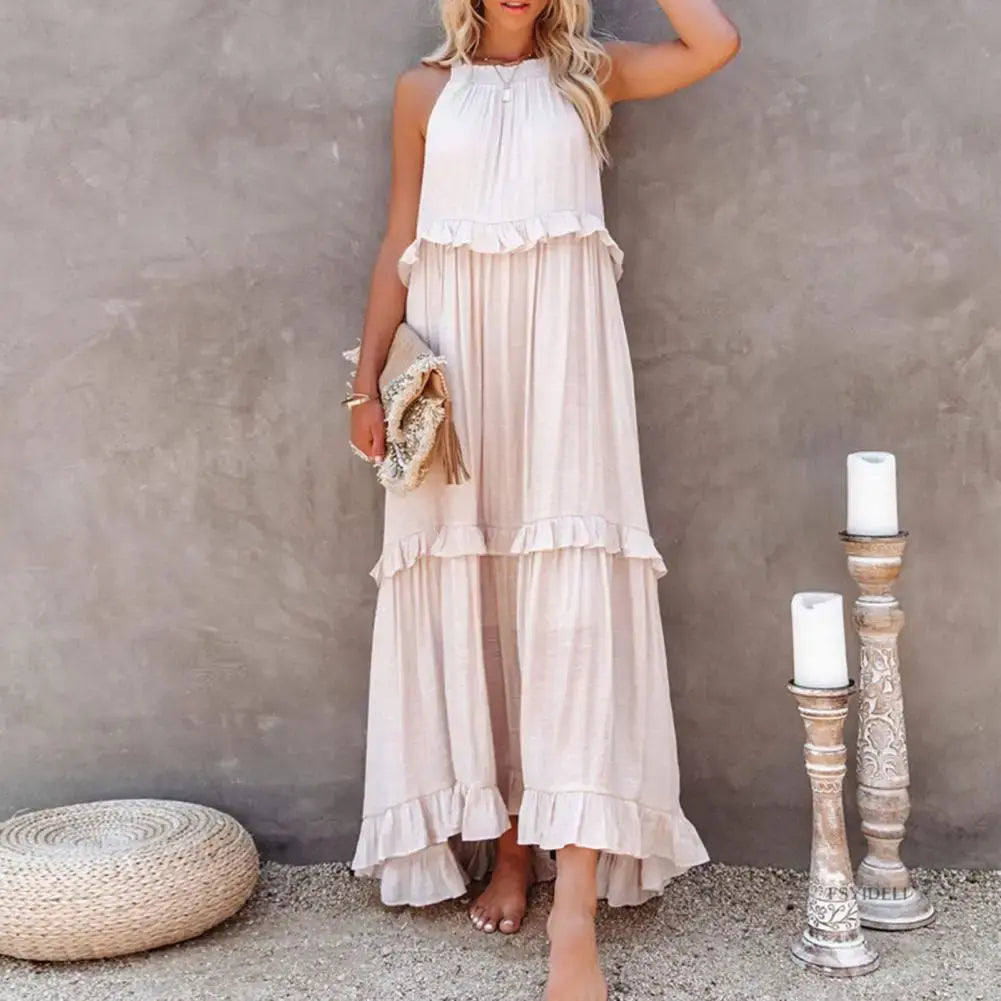 Fashion Summer Loose Long Dress Women Casual Elegant Ruffle Halter Sleeveless