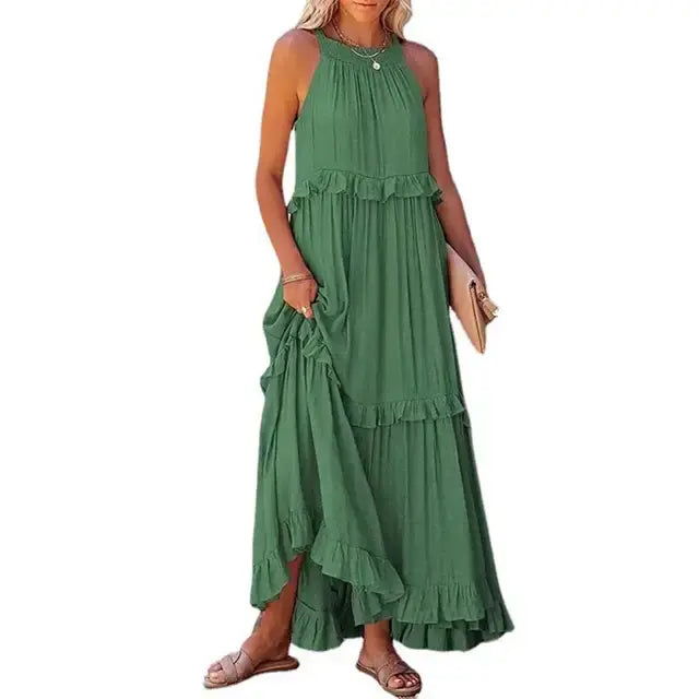 Fashion Summer Loose Long Dress Women Casual Elegant Ruffle Halter Sleeveless