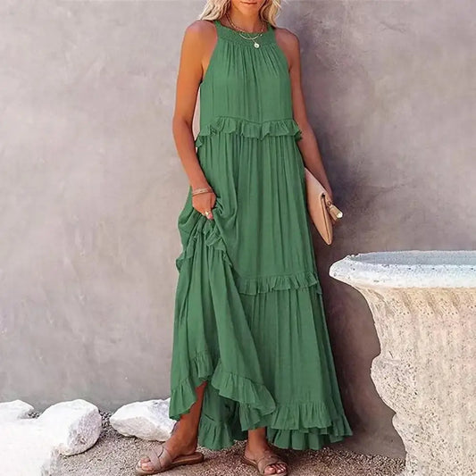 Fashion Summer Loose Long Dress Women Casual Elegant Ruffle Halter Sleeveless