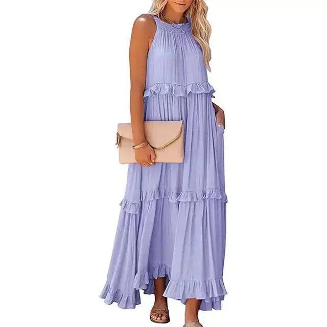 Fashion Summer Loose Long Dress Women Casual Elegant Ruffle Halter Sleeveless