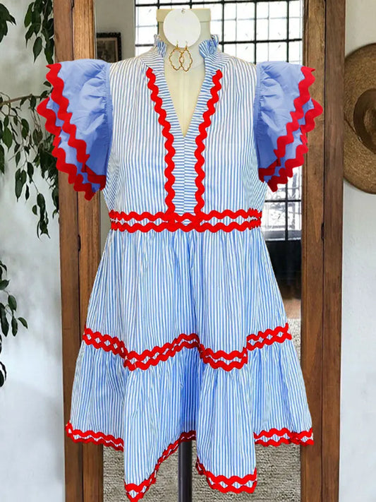 Striped Contrast Print Ruffle Sleeve Midi Dress - Little Hearts Desire 