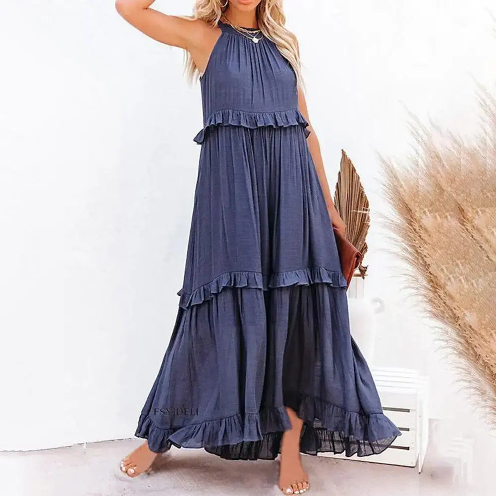Fashion Summer Loose Long Dress Women Casual Elegant Ruffle Halter Sleeveless