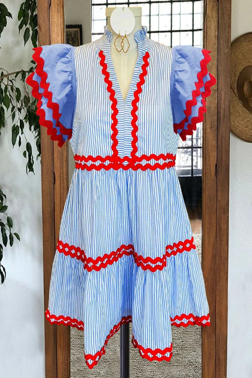 Striped Contrast Print Ruffle Sleeve Midi Dress - Little Hearts Desire 