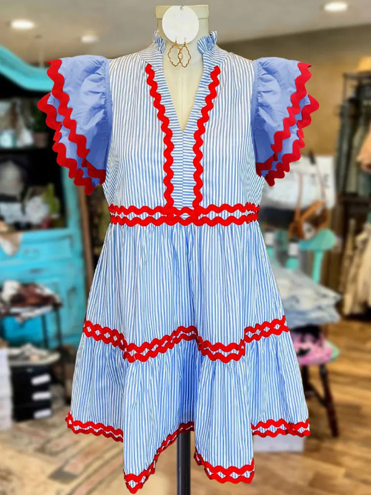 Striped Contrast Print Ruffle Sleeve Midi Dress - Little Hearts Desire 