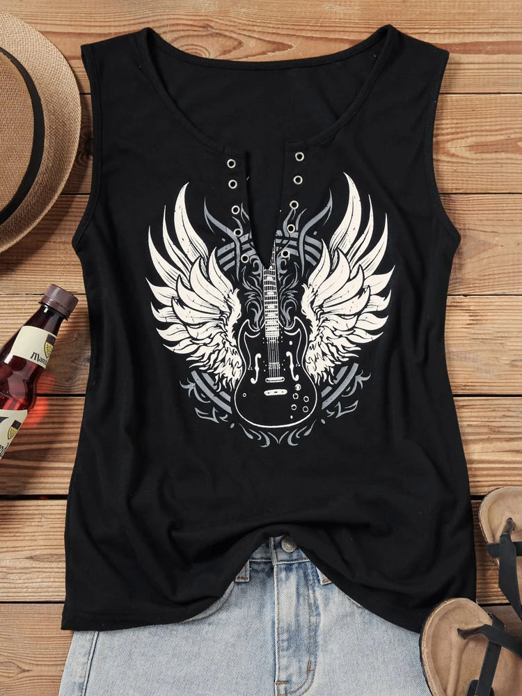 Rock Guitar Graphic Tees Casual V Neck Loose Fir Vest Top Vintage