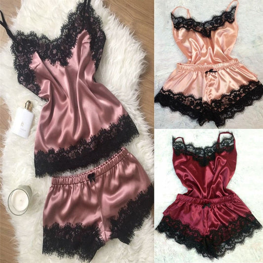 Plus size sexy women's lace satin sleepwear set with shorts and camisole pajamas in pink and burgundy colors