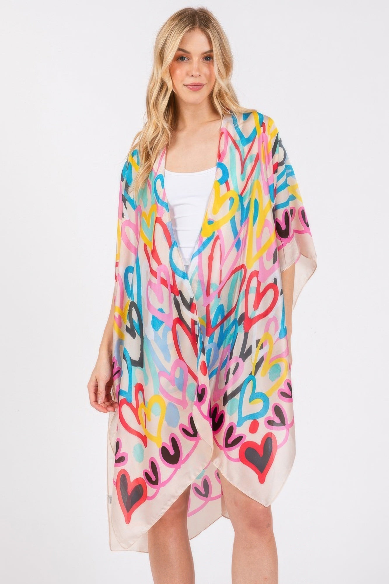 Multi Colored Heart Print Silky Feel Kimono with vibrant heart patterns.