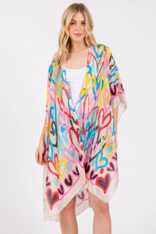 Multi Colored Heart Print Silky Feel Kimono with vibrant heart patterns.
