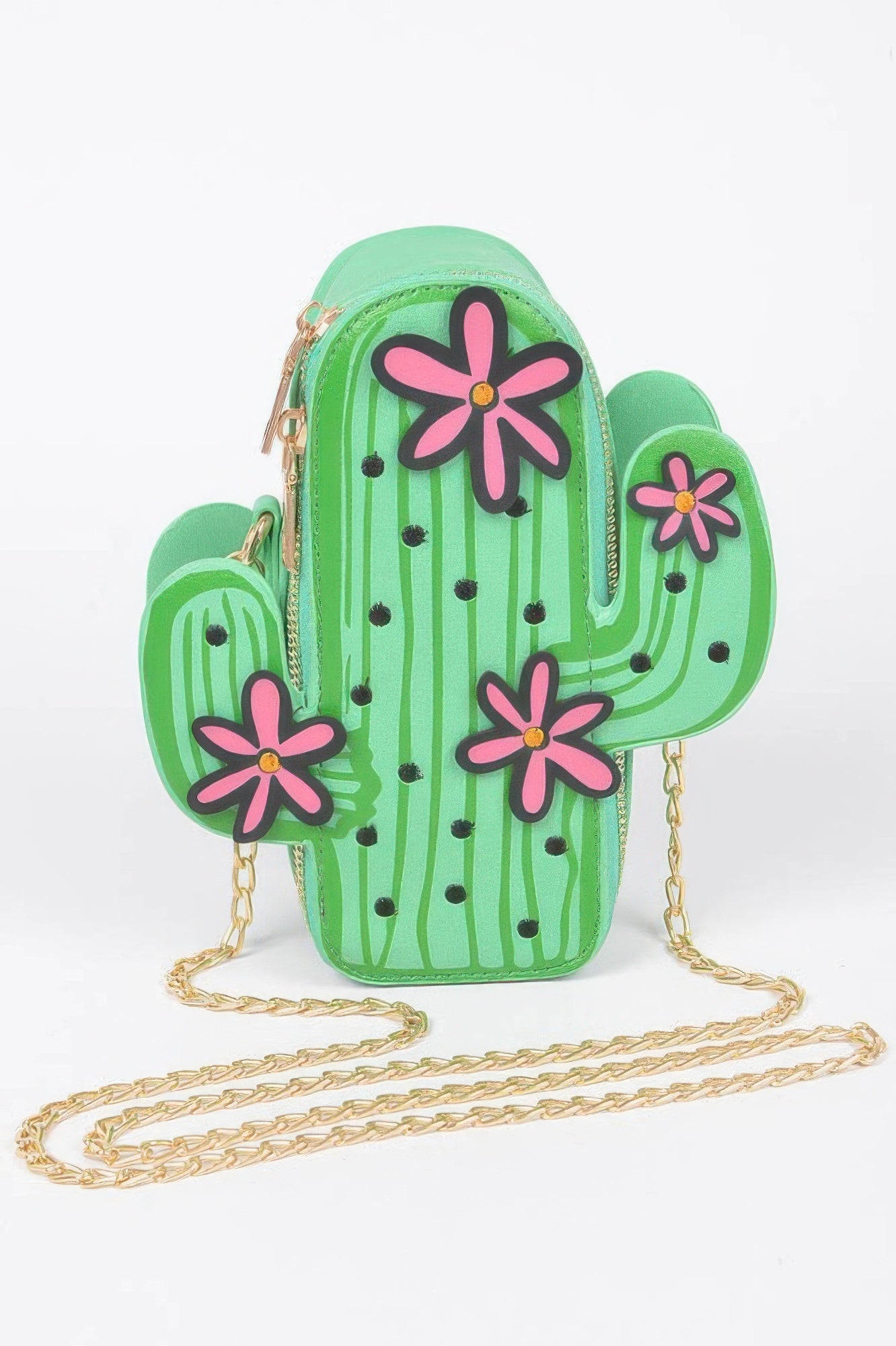 Faux Leather Cactus Crossbody Bag with pink flowers and gold chain strap.