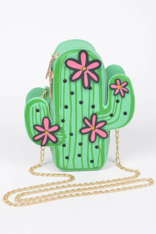 Faux Leather Cactus Crossbody Bag with pink flowers and gold chain strap.
