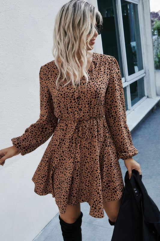 Leopard Print Waist Tie Belted Ruffle Hem Dress with long sleeves.
