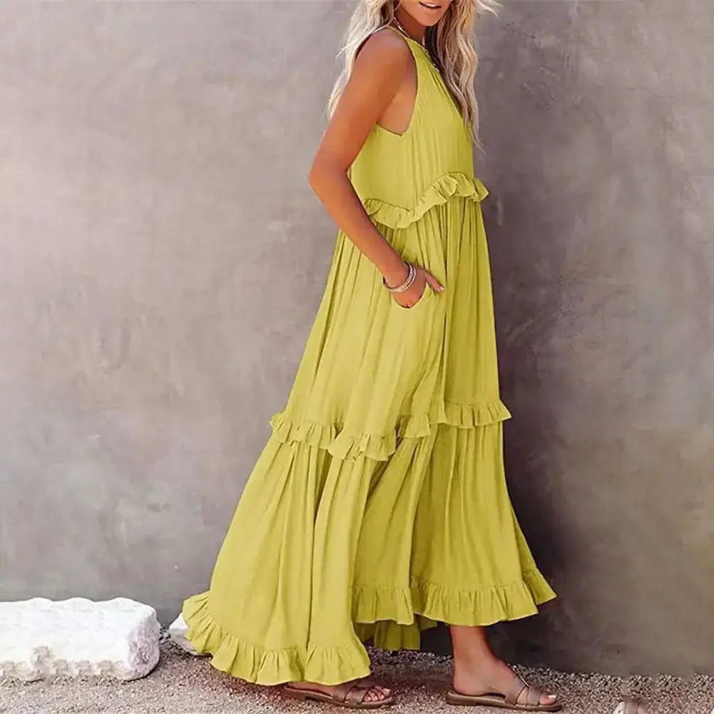 Fashion Summer Loose Long Dress Women Casual Elegant Ruffle Halter Sleeveless