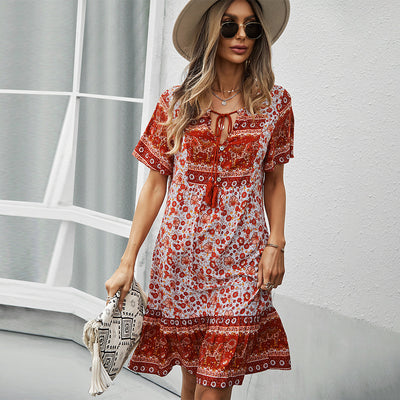 Fashionable Women's Printed Short Sleeve Loose Dress