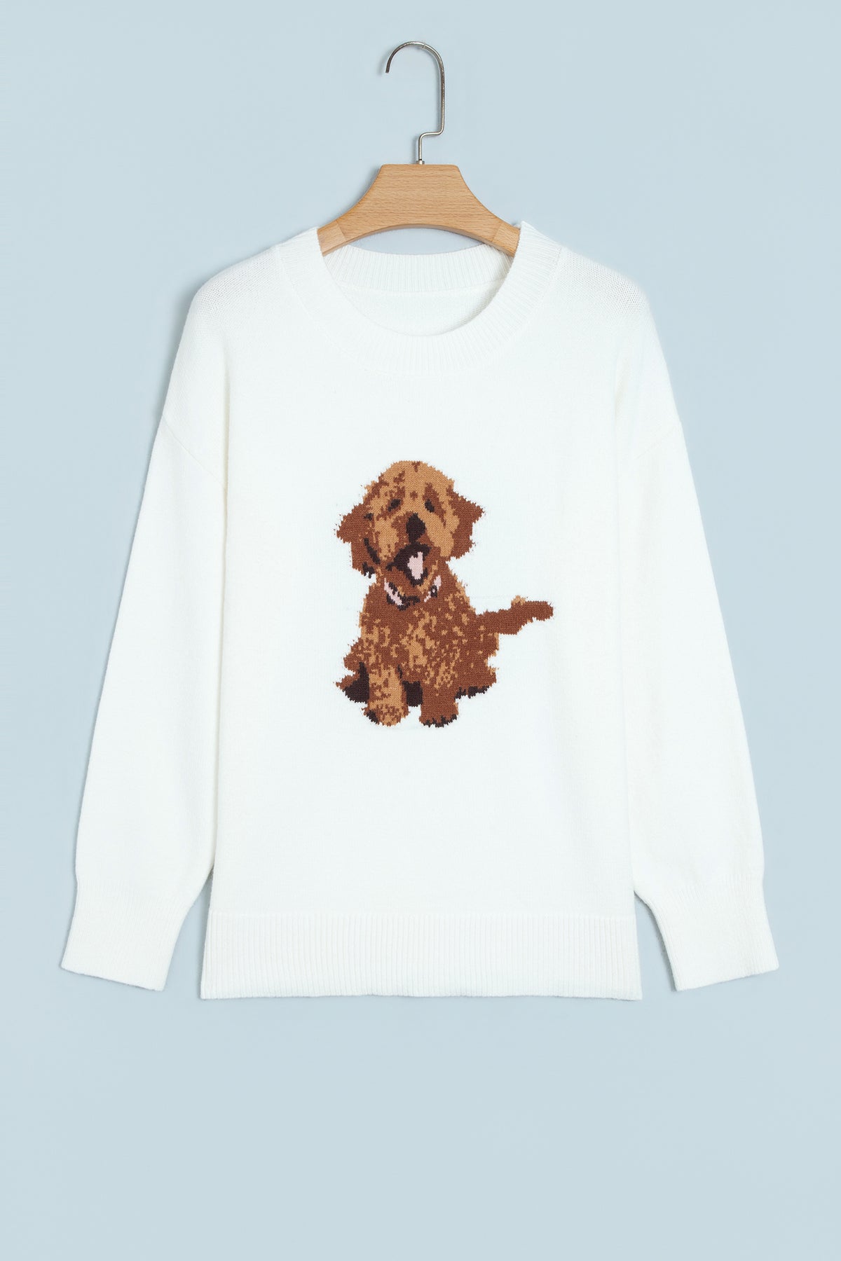 White Cozy Dog Print Relaxed Sweater
