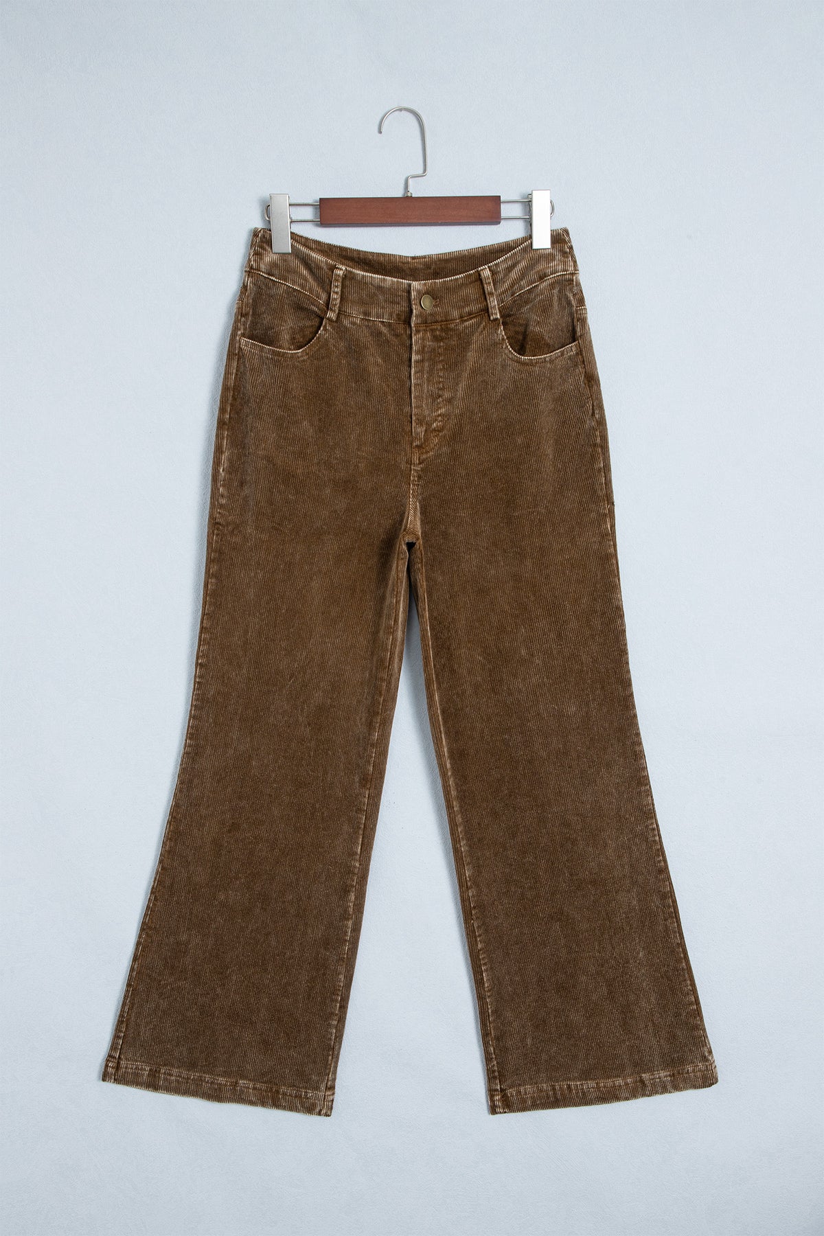 Camel Straight Leg Corduroy Metal Button Zip-up Pants