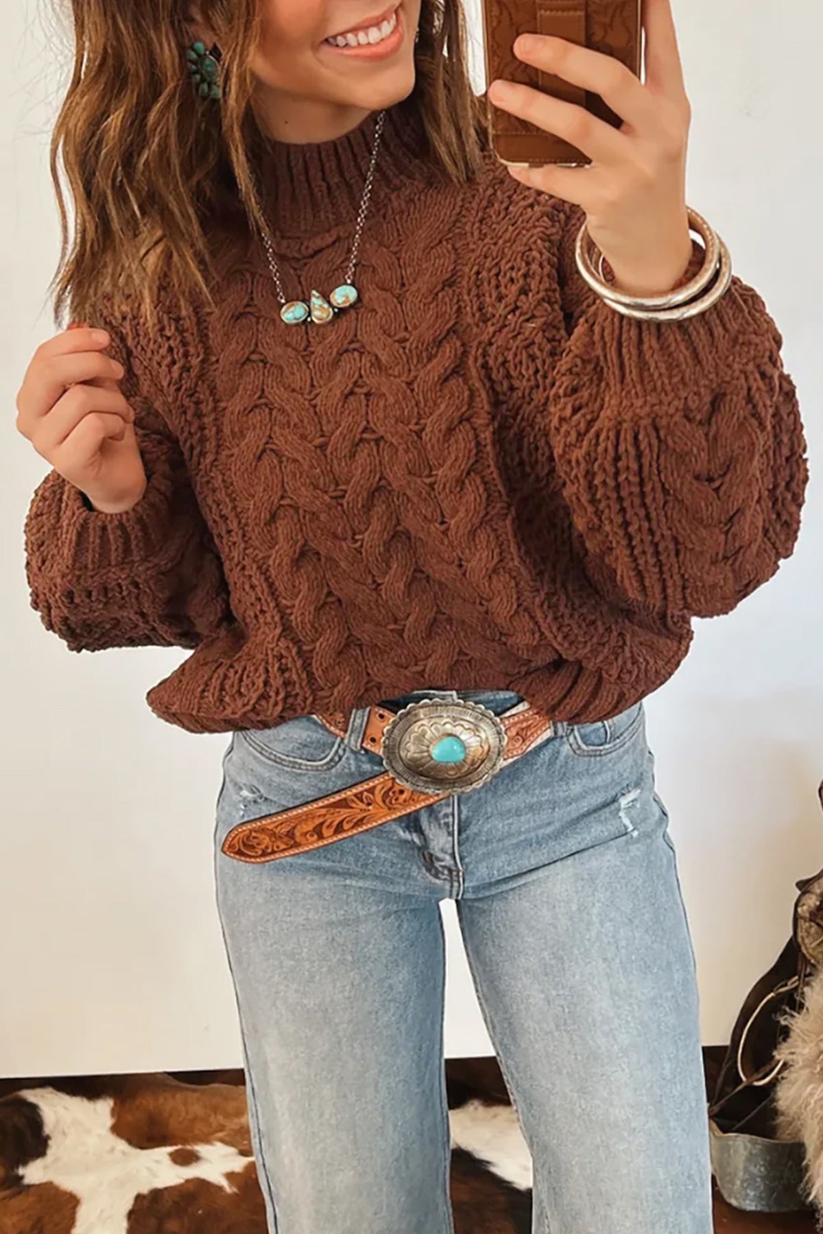 Solid Color Cable Knit High Neck Loose Pullover Sweater