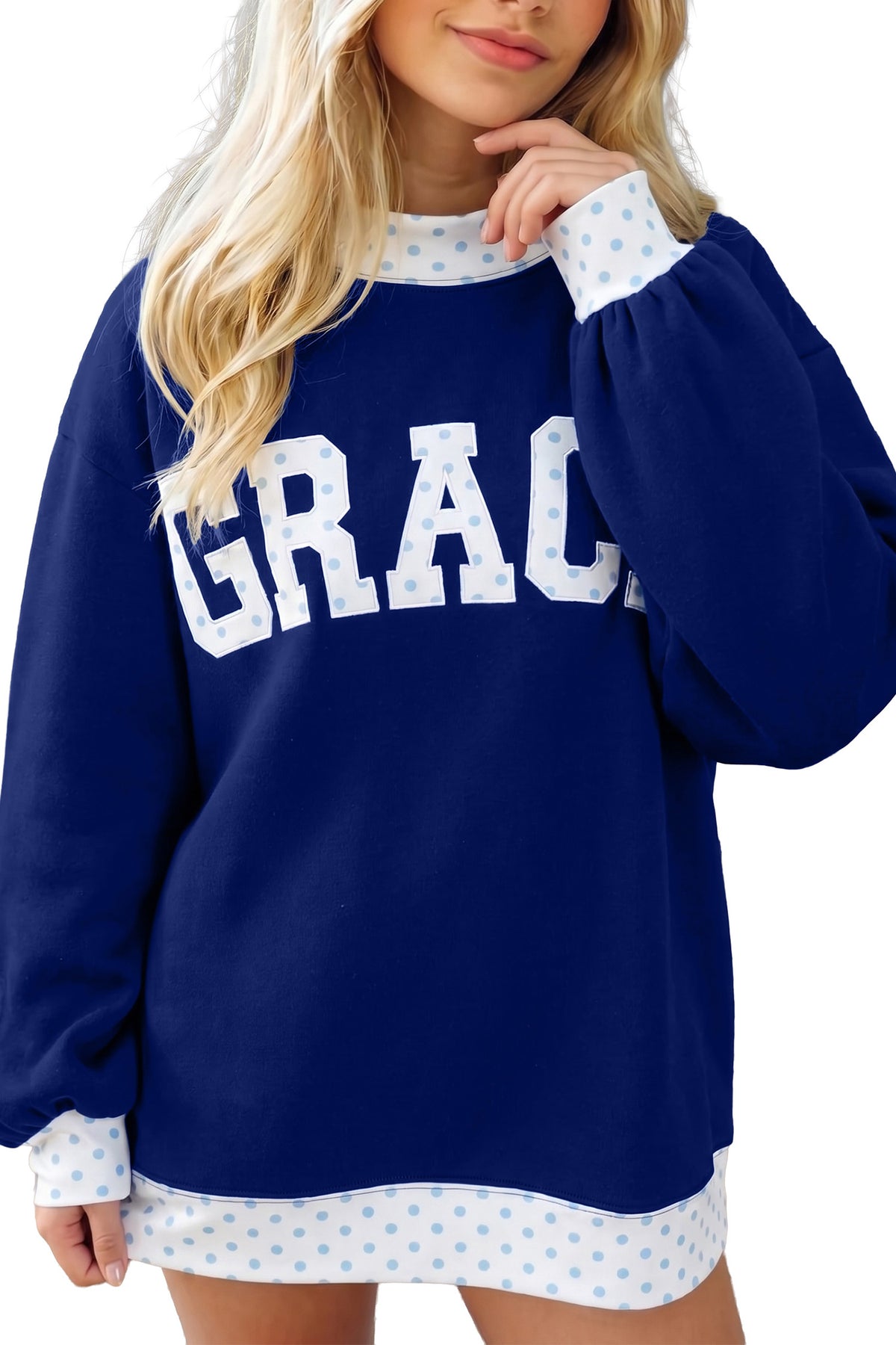 Coffee Polka Dot Trim High Neck BLESSED Letter Graphic Baggy Sweatshirt