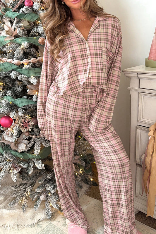 Pink Plaid Button-Up Pajama Set with Patch Pockets