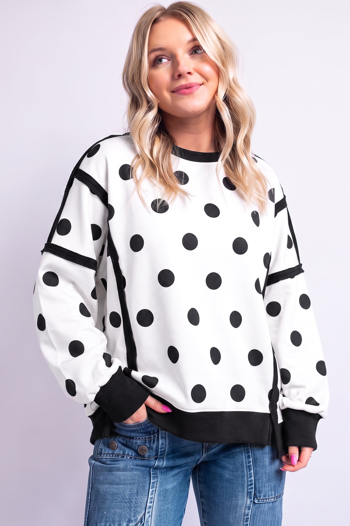 Blue Polka Dot Contrast Patchwork Round Neck Baggy Sweatshirt