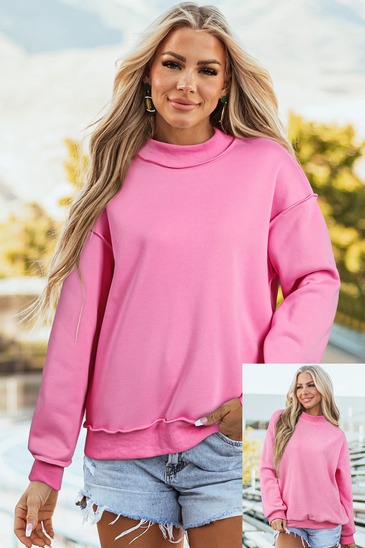 Black Oversize Drop Shoulder Reversible Mock Neck Sweatshirt