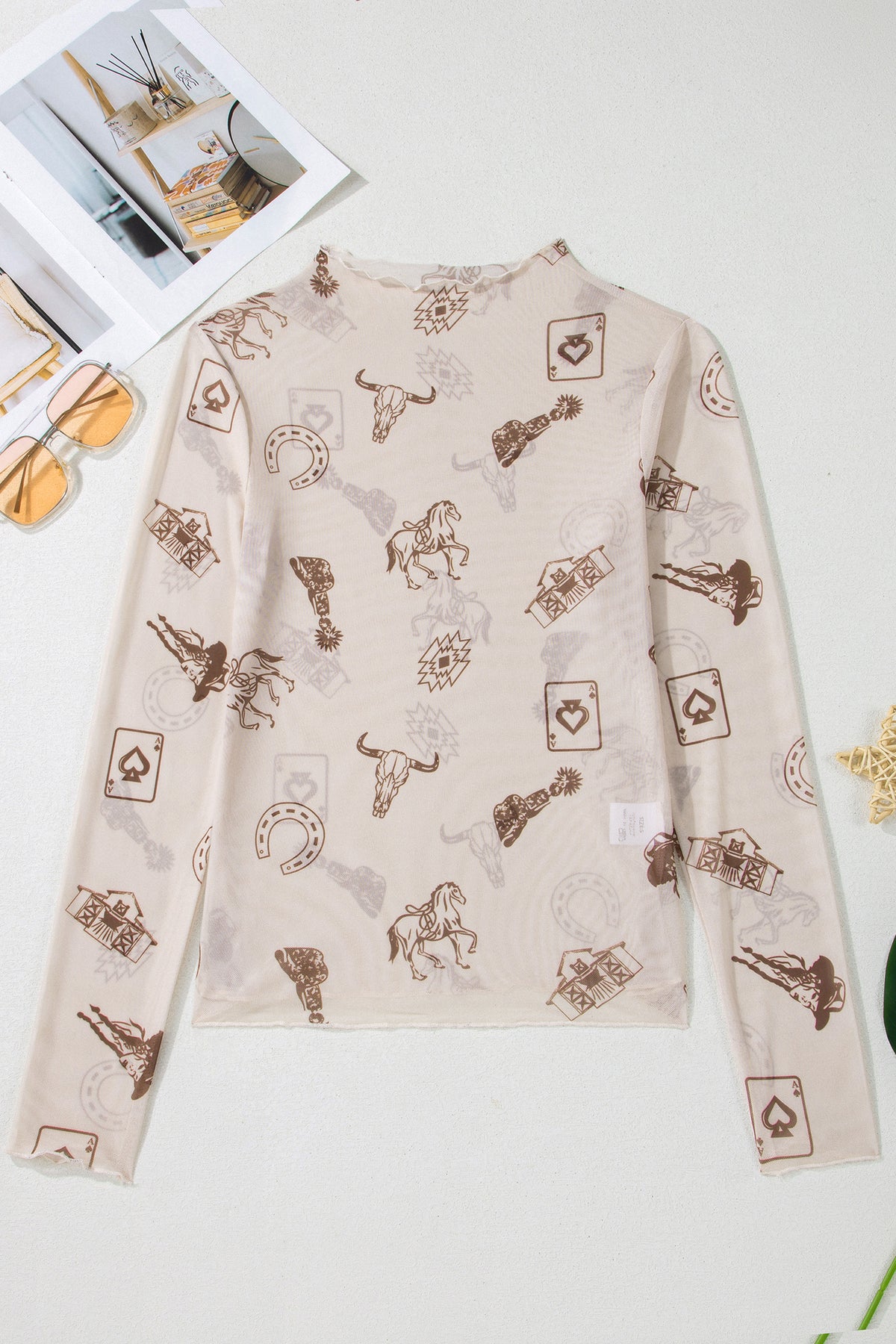 Beige Floral Print Slim Fit Mesh Long Sleeve Mock Neck Top