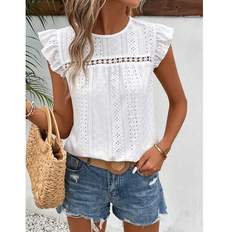 Round Neck Lace Solid Color Ruffled Short Sleeve