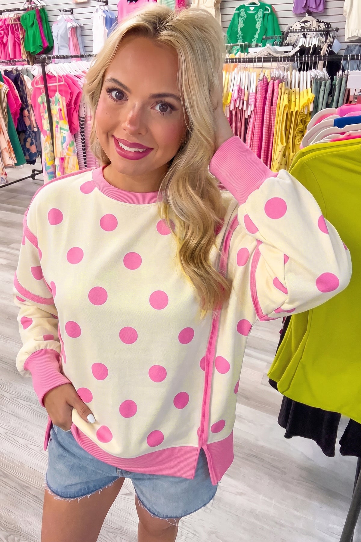 Blue Polka Dot Contrast Patchwork Round Neck Baggy Sweatshirt