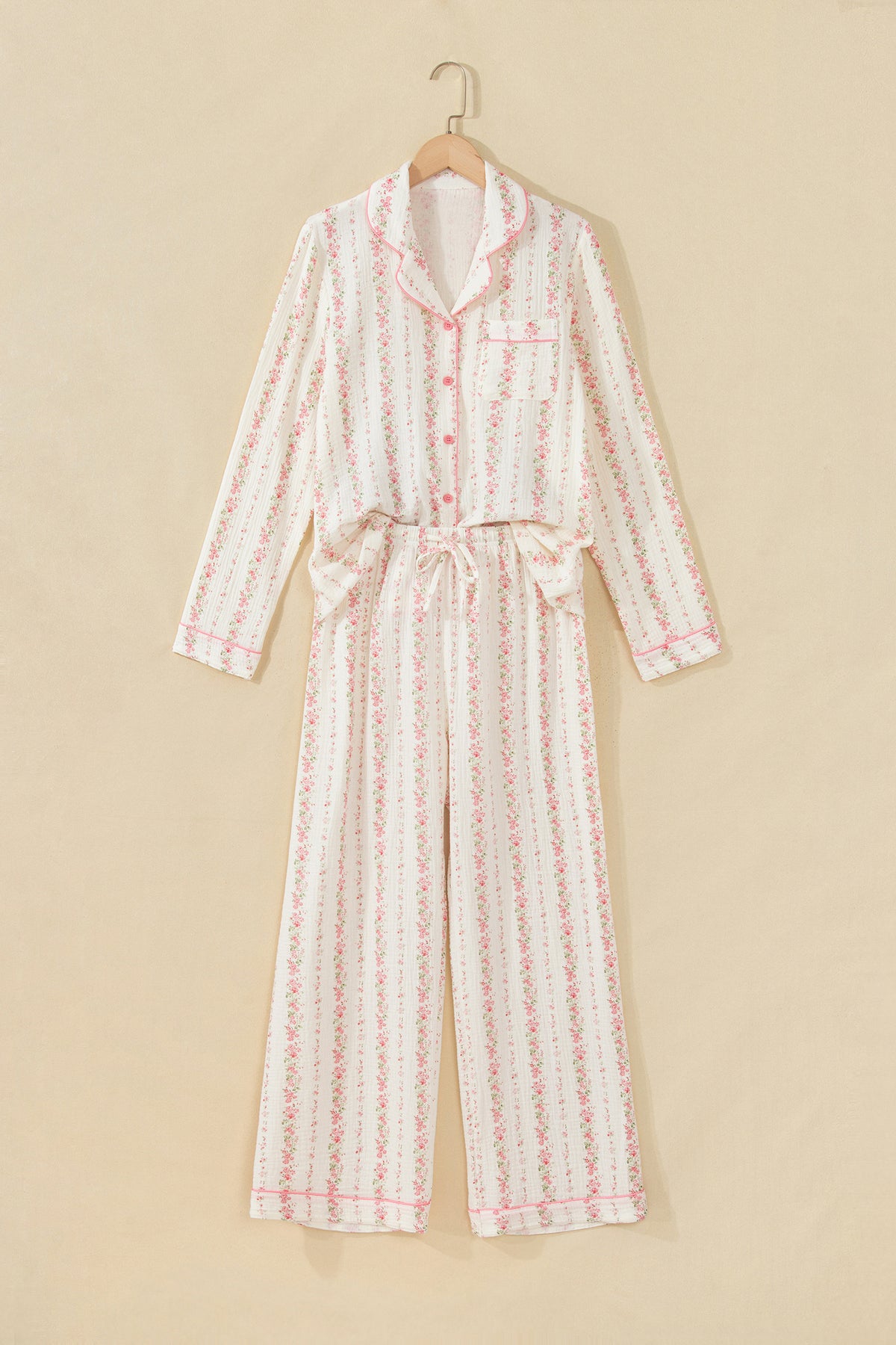 Pink Floral Print Long Sleeve Button Front Pajama Pant Set