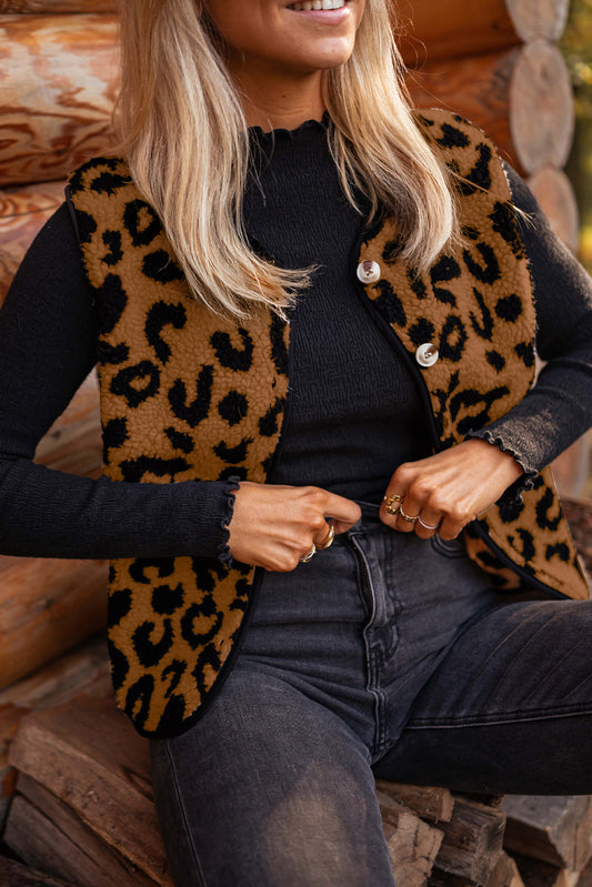 Leopard Print Sherpa Open-Front Vest