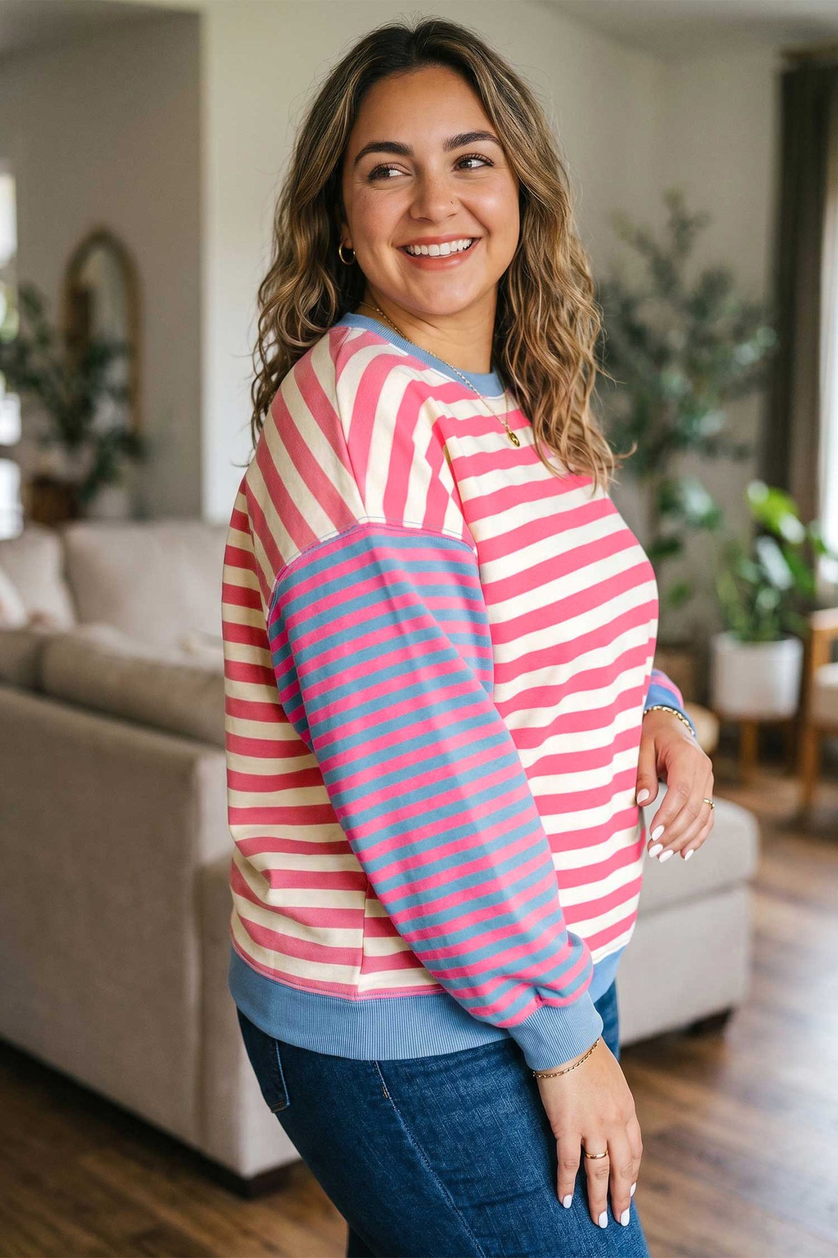 Pink Striped Plus-Size Sweatshirt