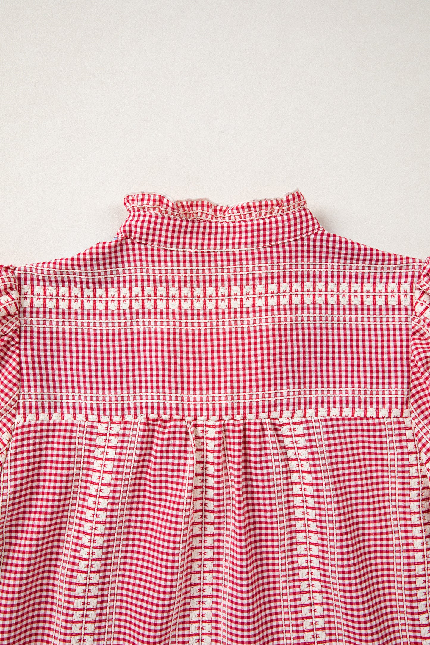 Brown Western Pony Embroidered Yoke Puff Sleeve Gingham Blouse
