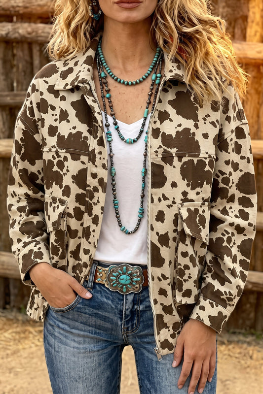 Brown Cow-Print Denim Jacket with Cargo Pockets