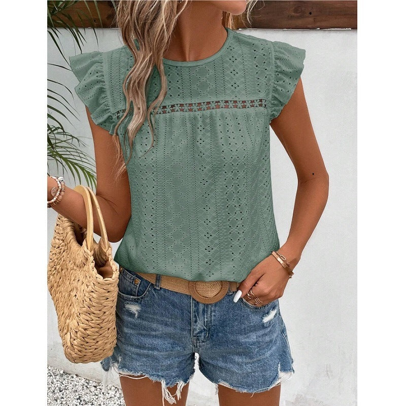 Round Neck Lace Solid Color Ruffled Short Sleeve