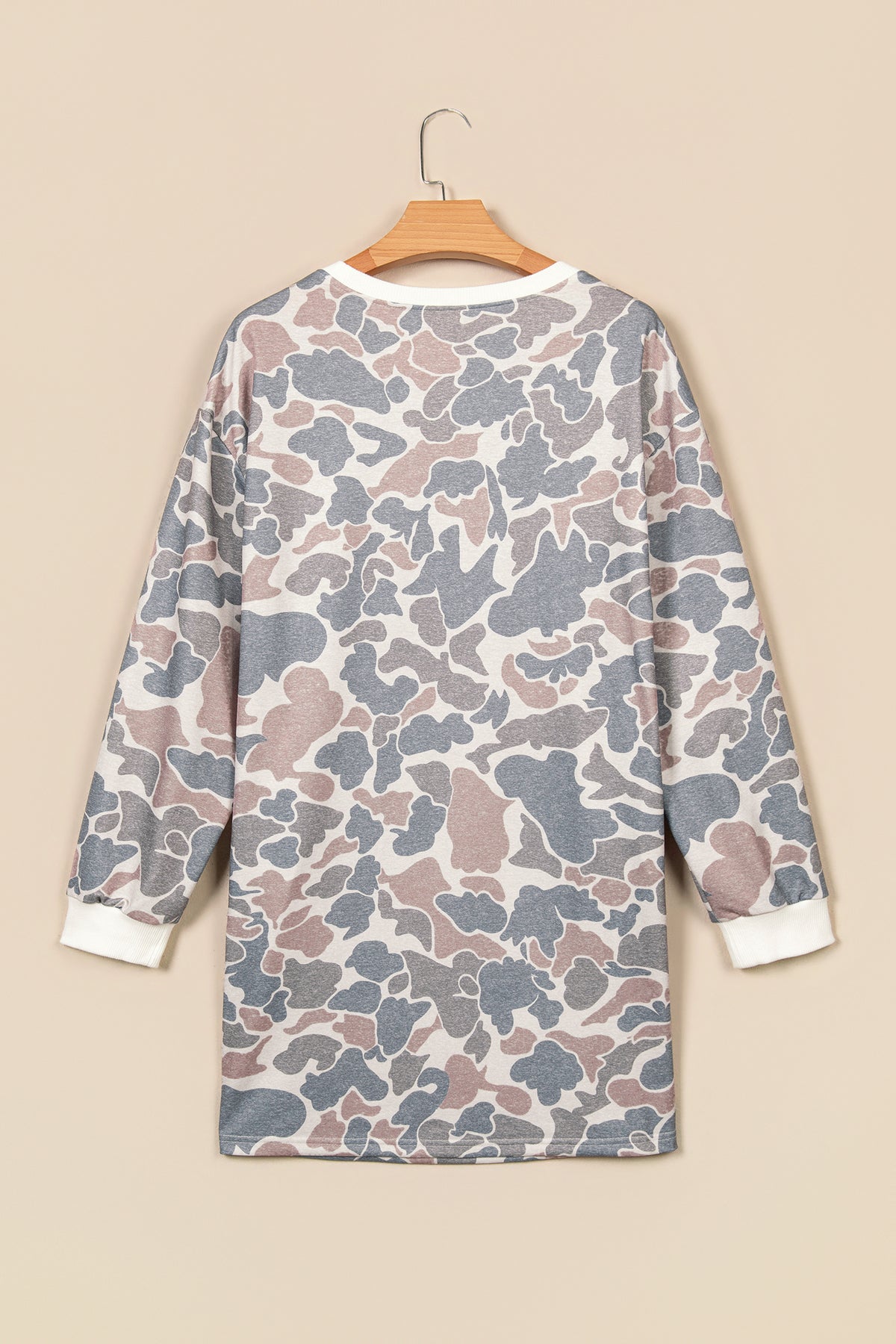 Beige Botanical Camo Print Long Sleeve Pocket Mini Dress