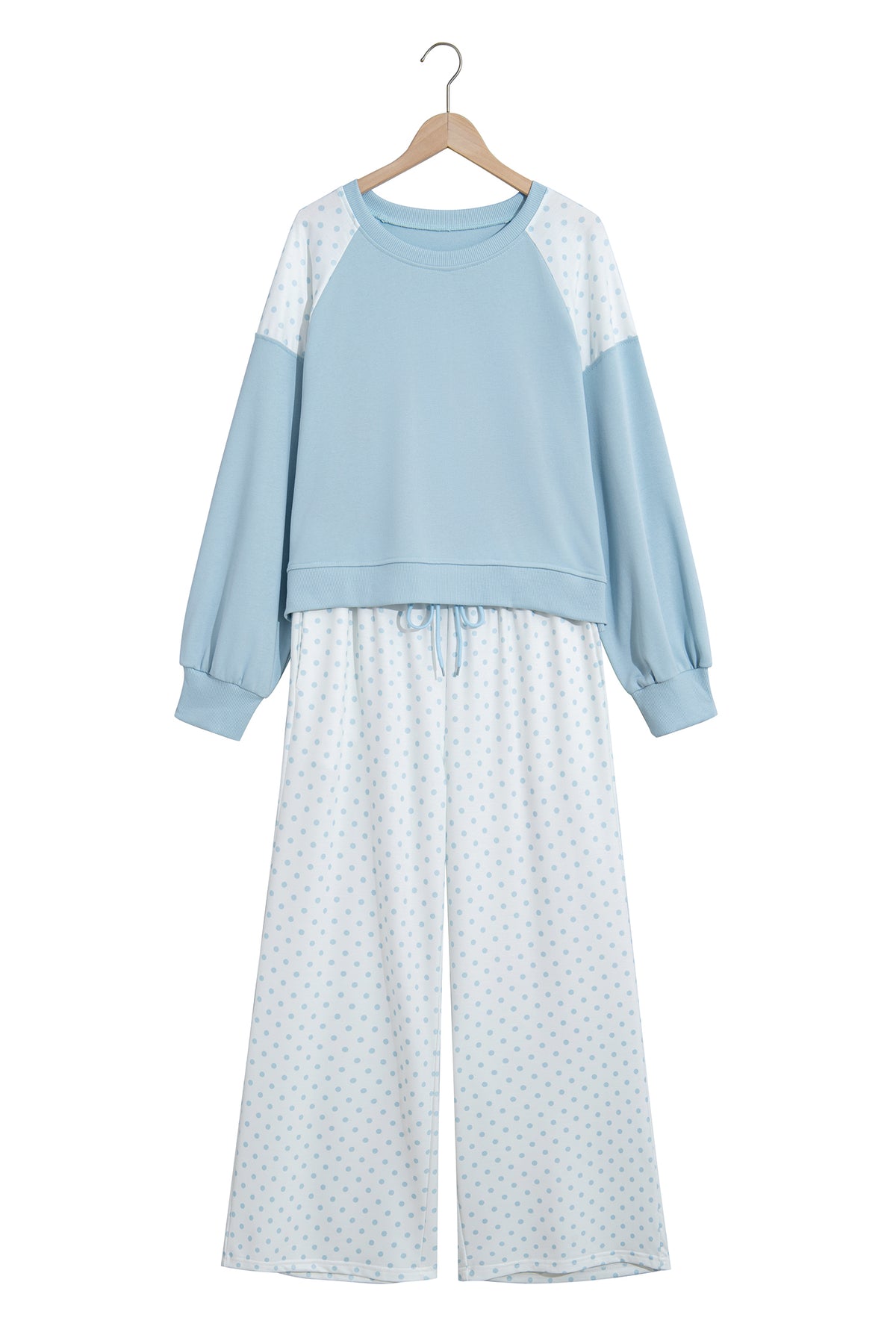 Green Polka Dot Patchwork Colorblock Long Sleeve Casual Two Piece Pants Set