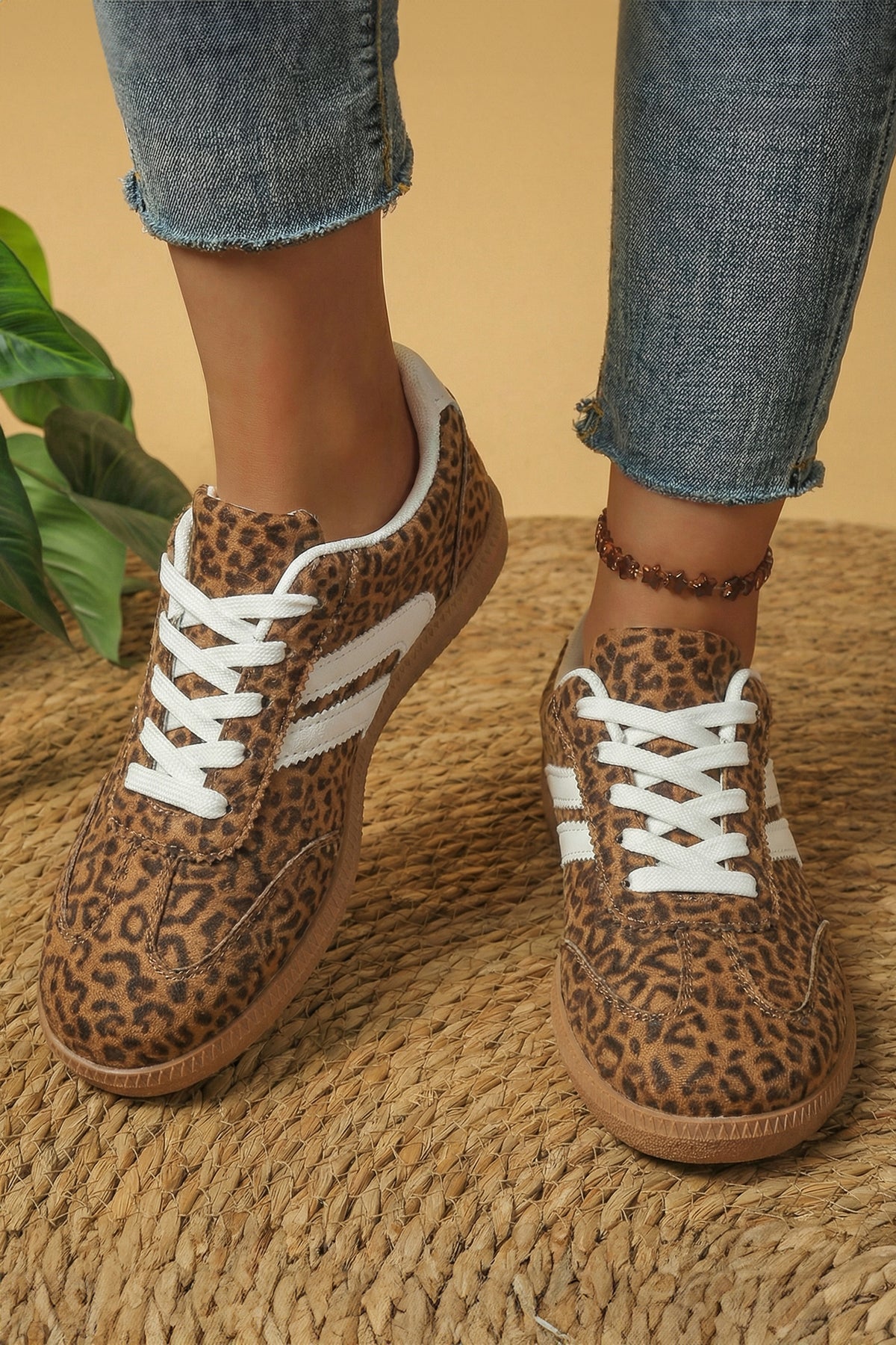 Shimmer Leopard Print Lace-Up Sneakers