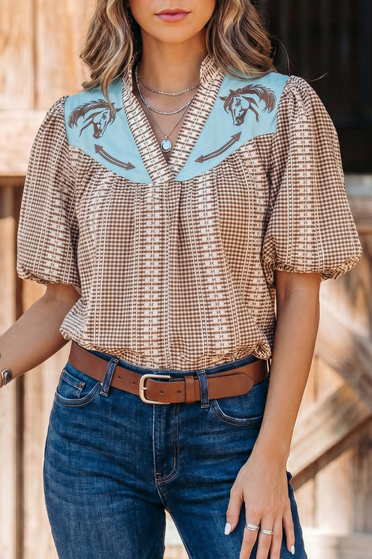Brown Western Pony Embroidered Yoke Puff Sleeve Gingham Blouse