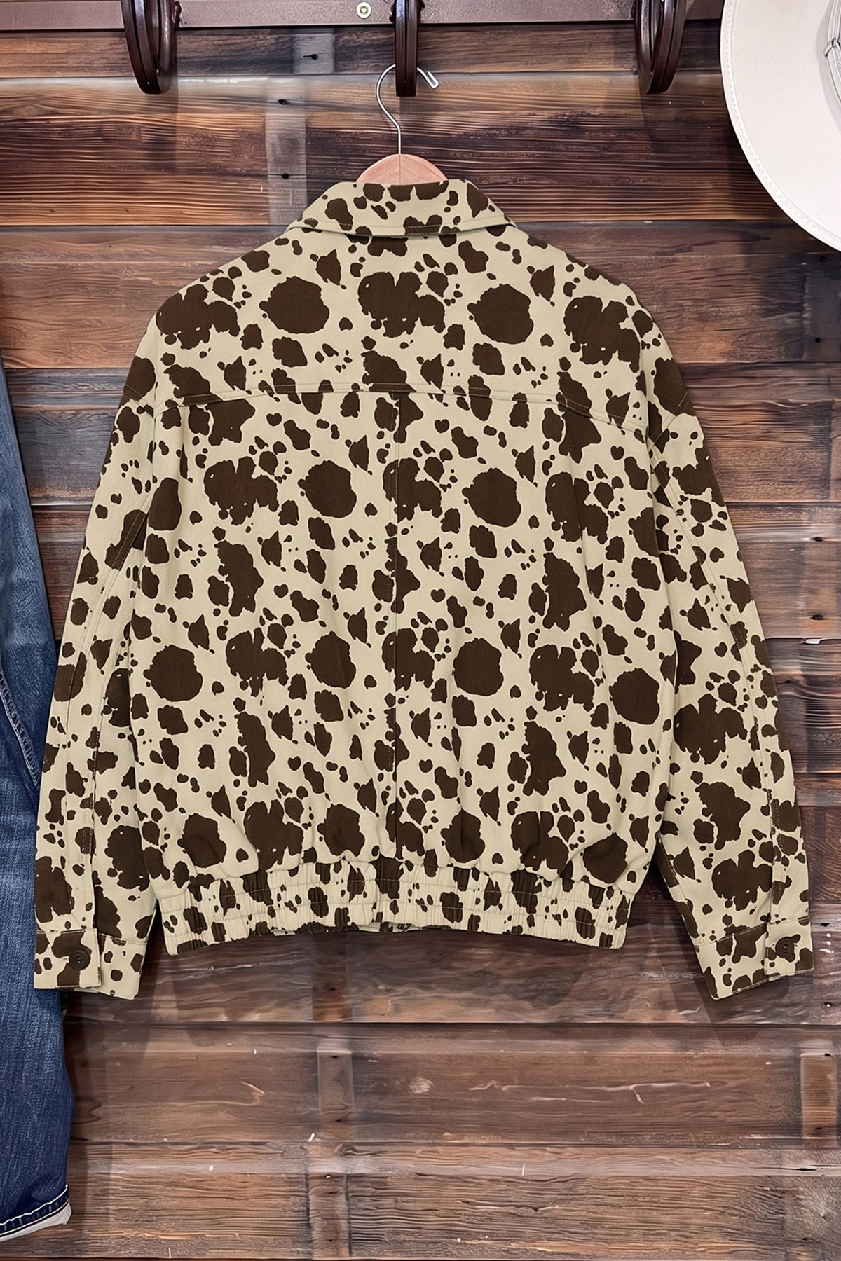 Brown Western Cow Print Cargo Pocket Denim Jacket