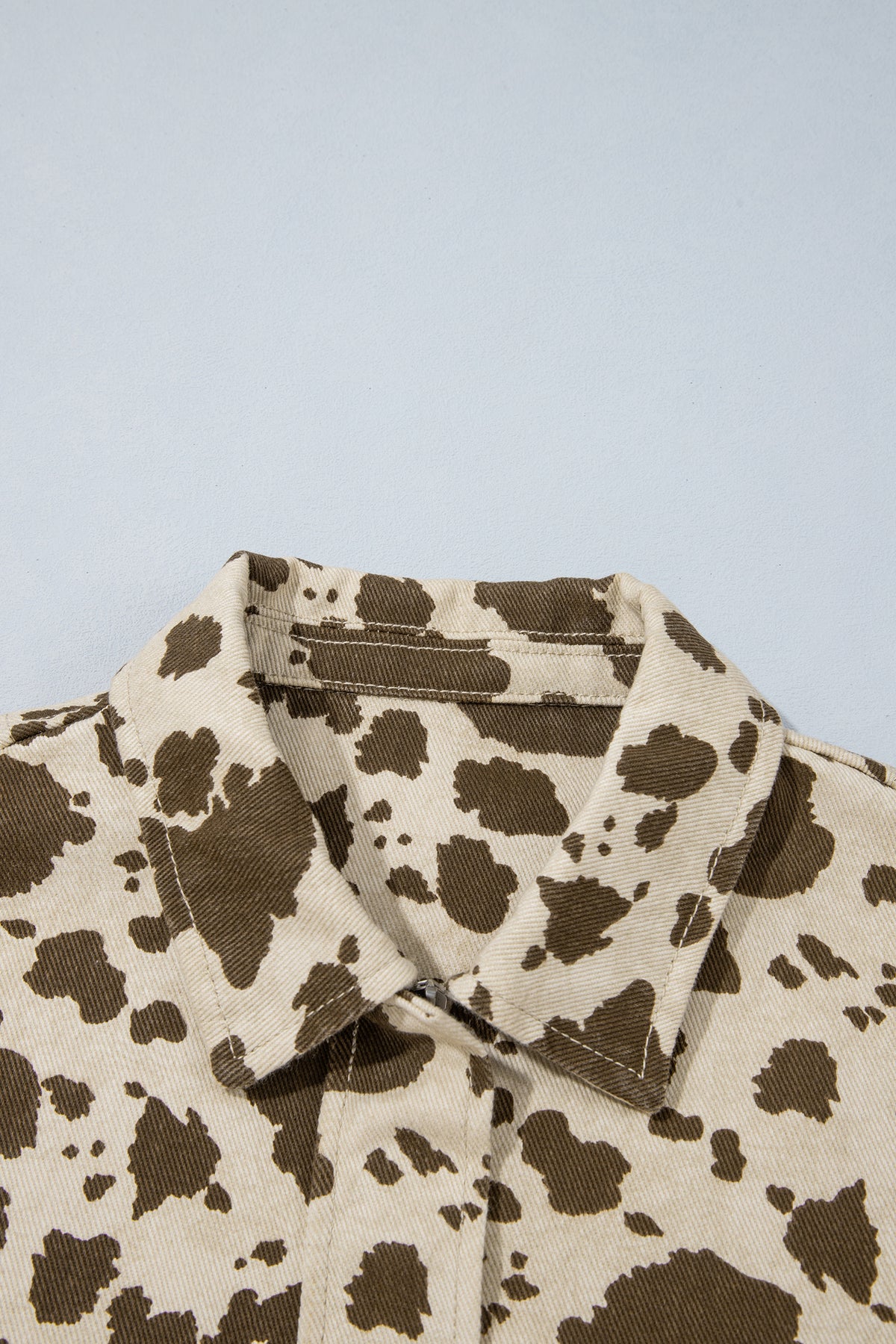 Brown Cow-Print Denim Jacket with Cargo Pockets