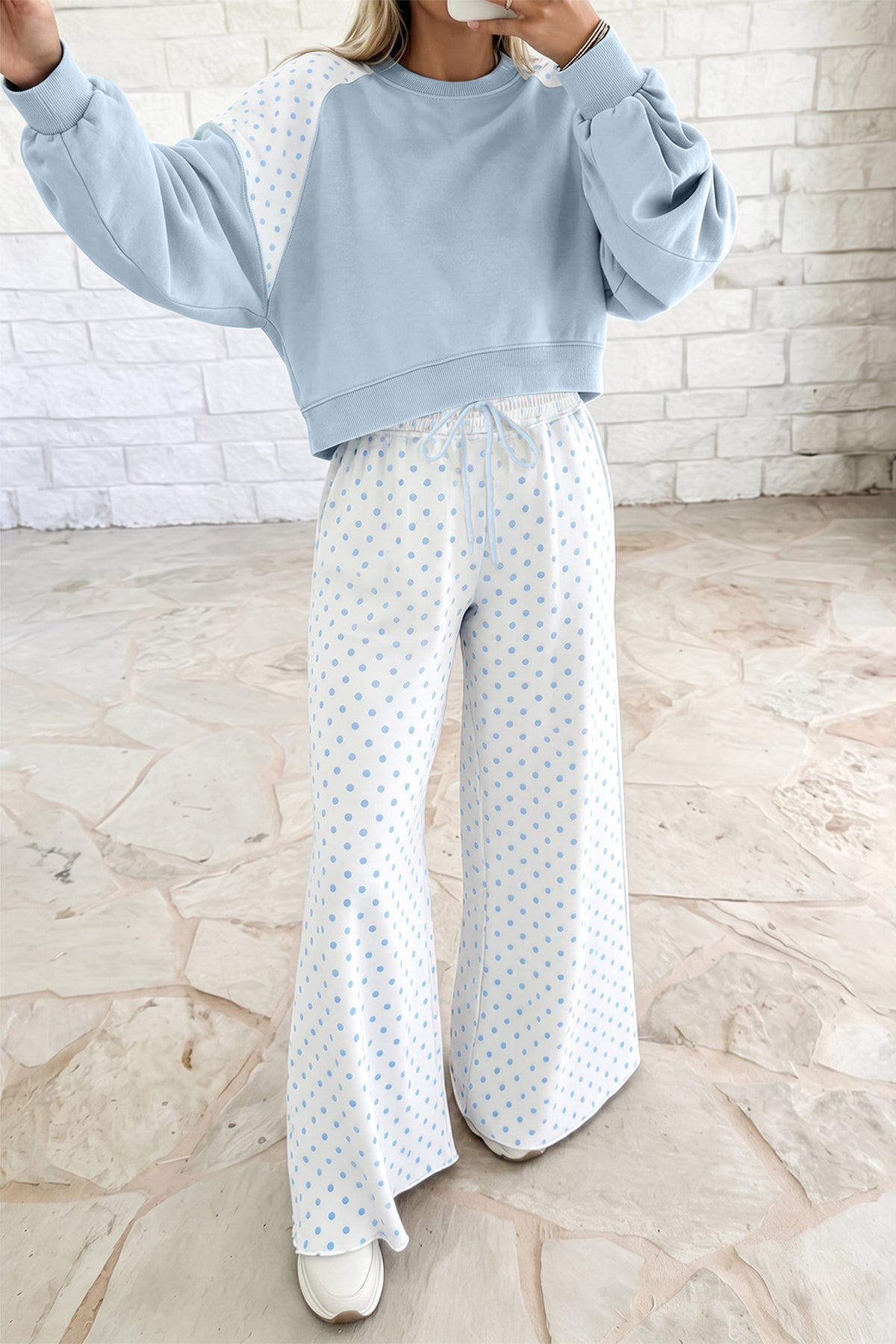 Green Polka Dot Patchwork Colorblock Long Sleeve Casual Two Piece Pants Set