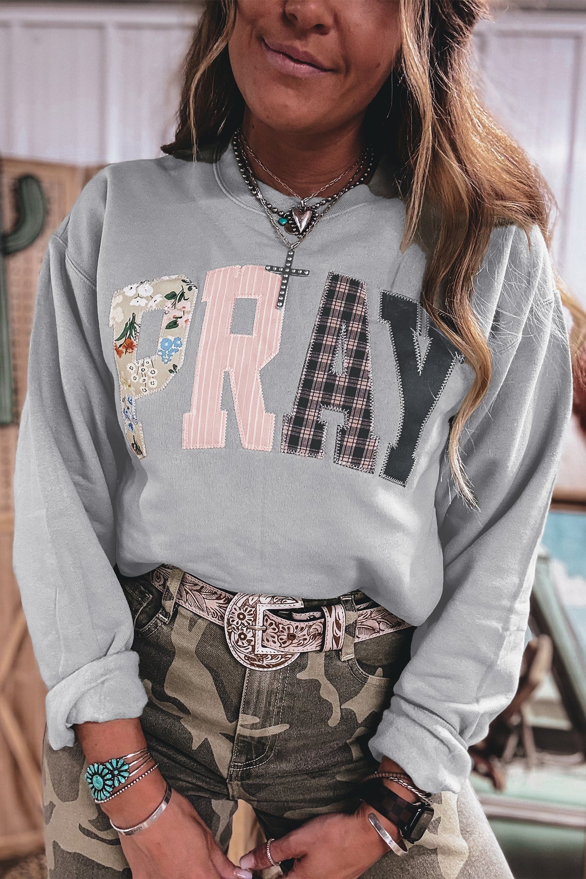 Parchment Floral Buffalo Plaid Striped Embroidered Patch Western Pullover Sweatshirt