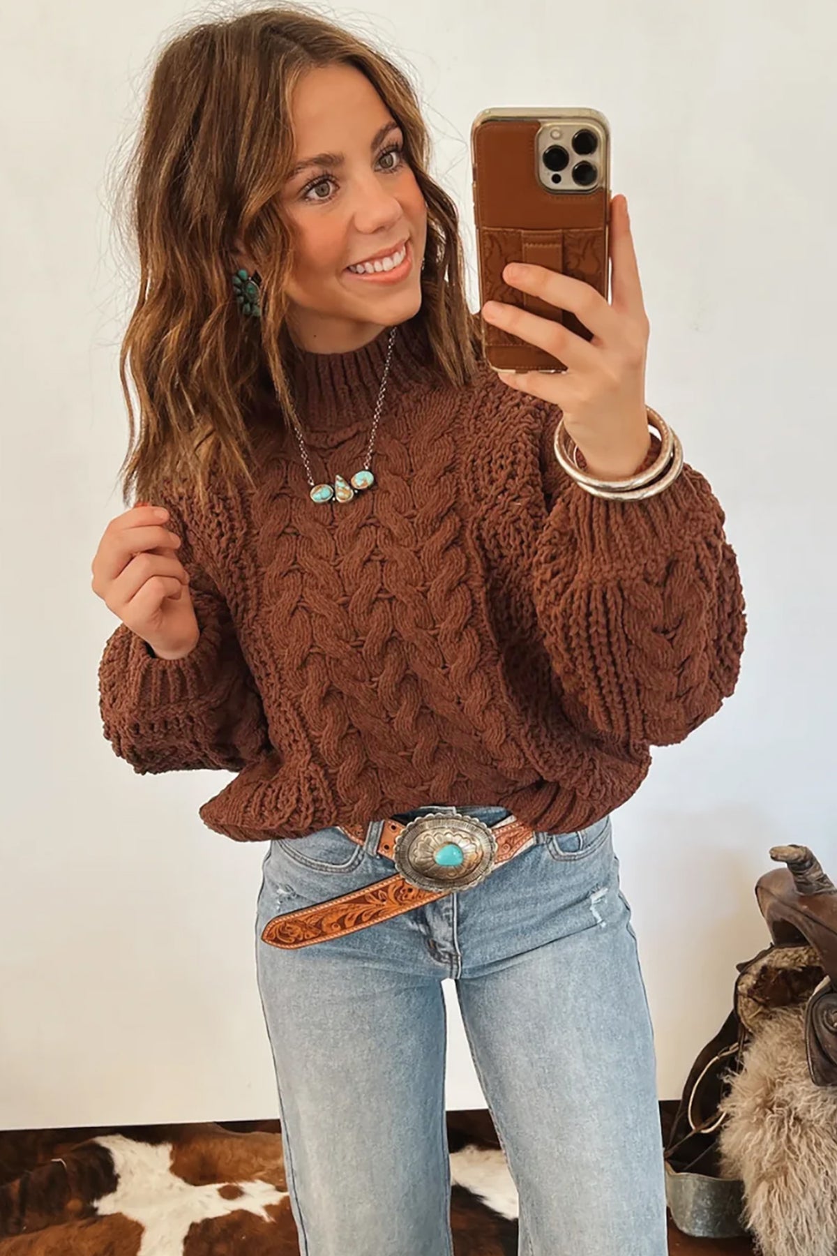Solid Color Cable Knit High Neck Loose Pullover Sweater