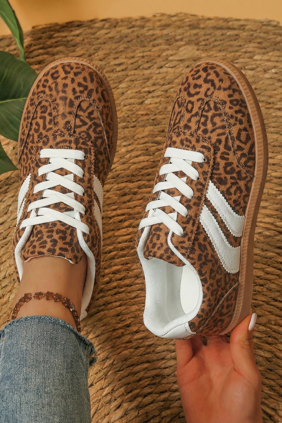 Shimmer Leopard Print Lace-Up Sneakers