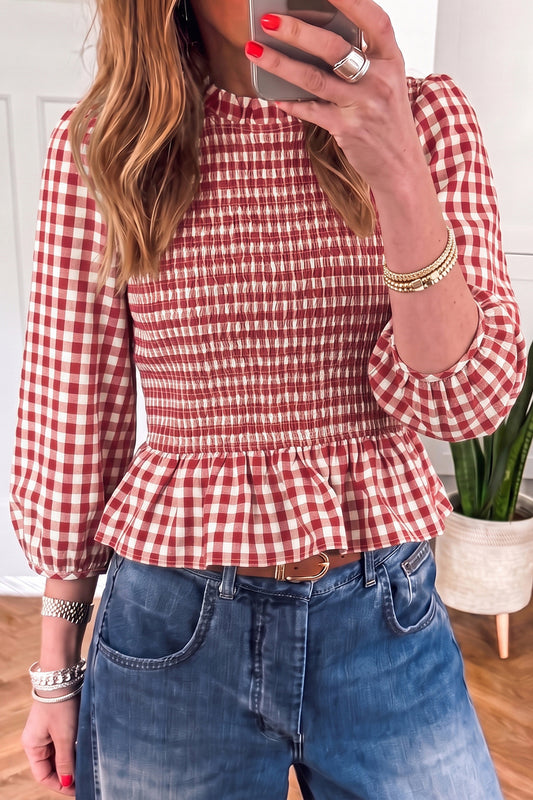 3/4 Sleeve Shirred Plaid Peplum Top