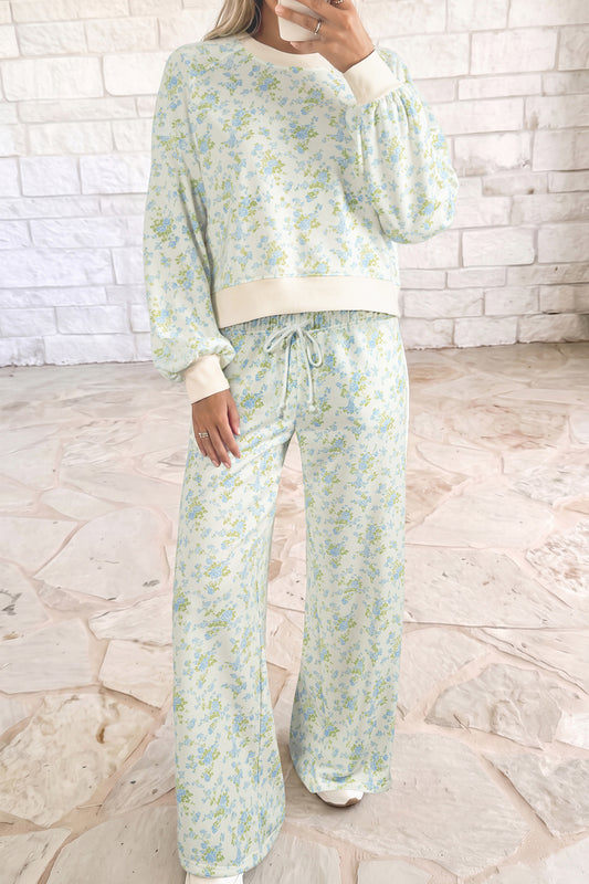 Sky Blue Floral Top & Wide-Leg Pants Set