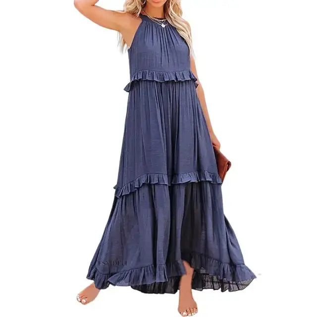 Fashion Summer Loose Long Dress Women Casual Elegant Ruffle Halter Sleeveless