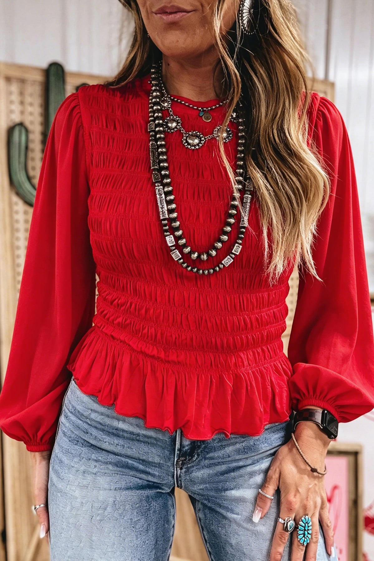 Jet Stream Solid Color Smocked Ruffle Hem Long Sleeve Blouse
