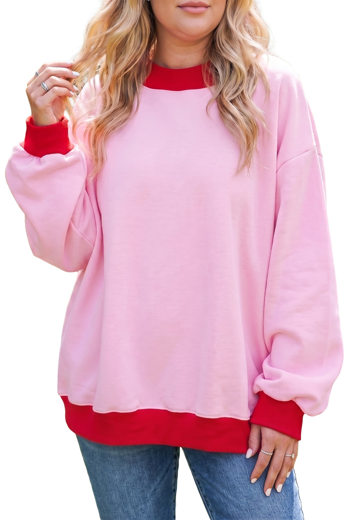 Grapefruit Orange Color Block Contrast Trim Plus Size Sweatshirt