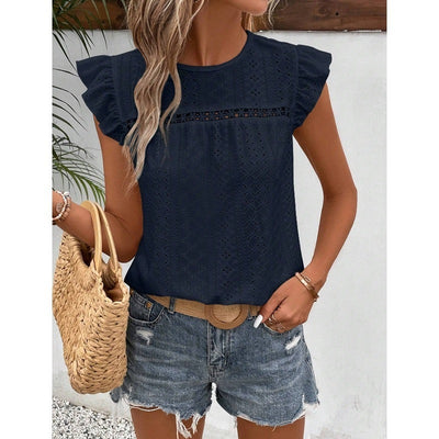 Round Neck Lace Solid Color Ruffled Short Sleeve